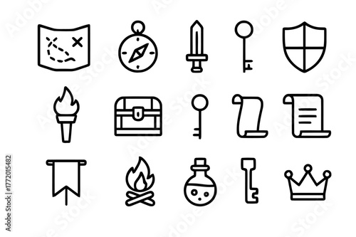 Heroic Quest Icon Set. Family Diversity. Line icon set of family diversity: adult figure, child figure, elder figure, stroller, pet paw, house, heart, adoption