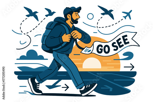 Traveler at Sunrise. Traveling man. A lone traveler adjusts his strap as a sunrise paints the tarmac; ?Go see? ribbons from his boarding pass. Birds trace