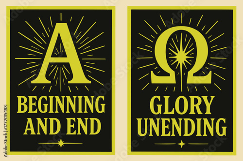 Alpha Omega Retro Banners. Alpha and Omega. Two vertical A6 banners with safe margins, centered composition, no elements touching edges, retro, charcoal and