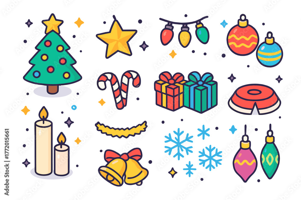Naklejka premium Festive Icon Collection. Holiday season. Colorful isometric vector icons set of holiday season: Christmas tree, star topper, lights, baubles, candy canes,