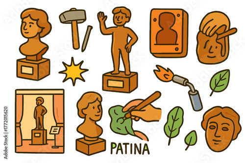 Bronze Sculpture Creativity. Bronze sculptures. Colorful Hand-drawn doodle Children illustration Bronze sculptures statue, artist hammer, chisel,