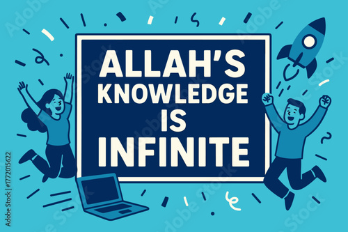 Infinite Knowledge Celebration. Allah?s Knowledge is Infinite banner, flat vector illustration, bold oversized text inside rectangular frame, cartoon
