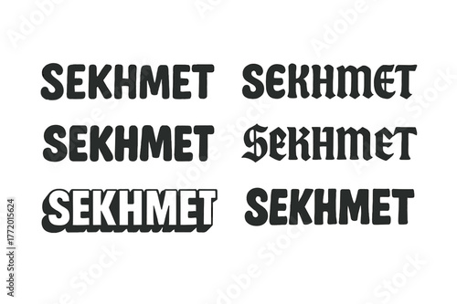 Sekhmet Lettering Variations. Sekhmet Deity. Set lettering. harmonious lettering variations of the same emblematic concept, each with different artistic