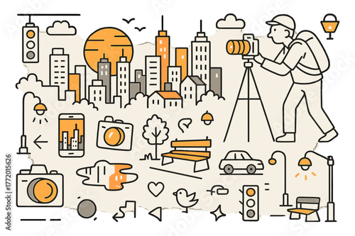 Sunset Cityscape Doodle. Street sunset photography. Hand-drawn doodle illustration city skyline (colored), setting sun (colored), skyscrapers (colored), street