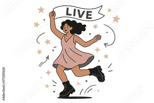 Festival Vibes. Festival look with boots. Floaty dress and chunky boots bouncing with music; confetti stars and a banner ?LIVE? drift overhead. Free-spirited