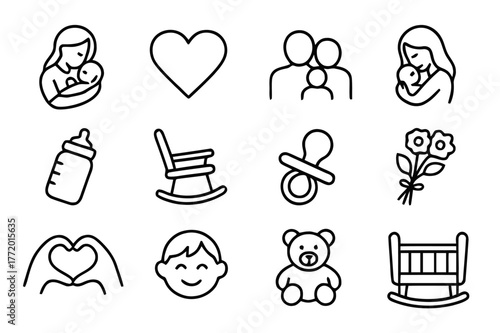 Symbols of Mother's Love. Mom?s love. Line icon set of mom?s love: mother holding baby, heart, family, hug, baby bottle, rocking chair, pacifier, flowers,