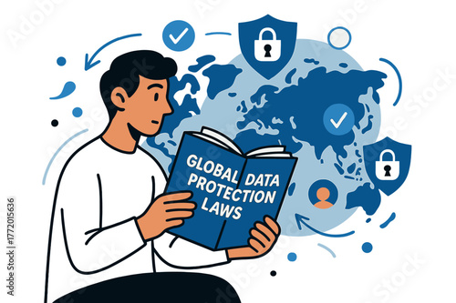 Global Data Privacy Scene. Online privacy laws and their global implications. Person reading global data protection laws with abstract floating world map,