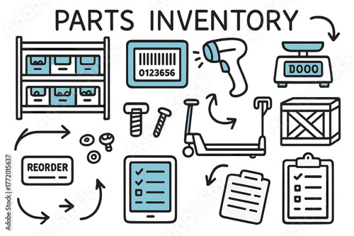 Parts Inventory Doodles. // Parts inventory. Hand-drawn doodle illustration Parts inventory [shelving rack, labeled bins (accented), small fasteners, barcode