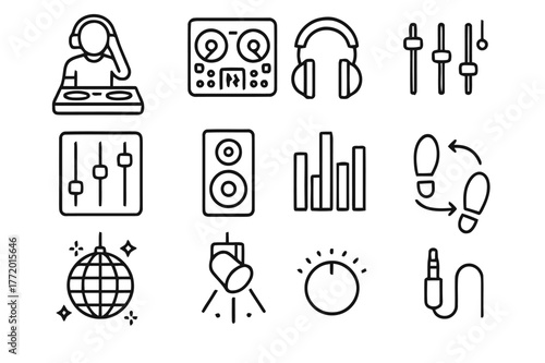 DJ & Dancefloor Icons. DJ and Dancefloor. Line icon set of DJ and Dancefloor: DJ booth, turntables, headphones, mixer sliders, speaker, equalizer bars, disco