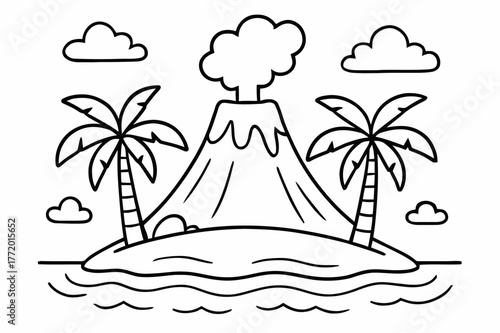 Volcano Coloring Fun. Island volcano children?s coloring book illustration, outlined drawing, a peaceful cone-shaped volcano on a tiny island with palm trees
