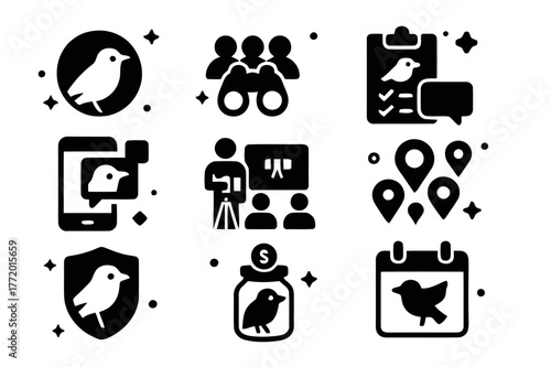 Birdwatching Icons Collection. Birdwatching community. Solid icons set of birdwatching community: bird club logo, group binoculars, online forum, checklist