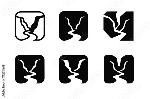 Canyon View Logos. Canyon view. Set Logo of Canyon view: meandering river at canyon base. harmonious logo variations of the same emblematic concept, each with