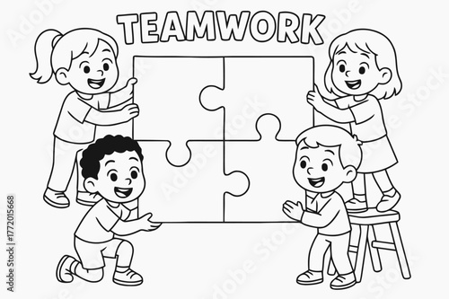 Teamwork Puzzle Coloring. teamwork children?s coloring book illustration, outlined drawing, kids working together to build a puzzle, educational design for