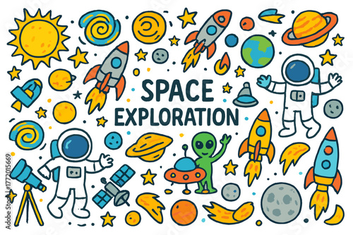 Colorful Cosmic Adventure. Space exploration. Colorful Hand-drawn doodle Children illustration space exploration stars, planets, rockets, astronauts, aliens,
