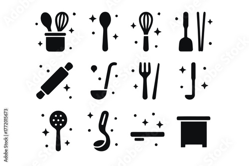 Kitchen Utensil Icons. Kitchen Utensil Holder. Solid icons set of Kitchen Utensil Holder: ceramic jar, wooden spoon, whisk, spatula, tongs, rolling pin, ladle,