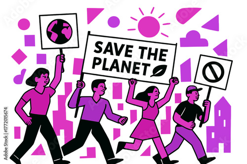 Lively Environmental March. Environmental Protests. Marchers carrying banners through city streets with floating abstract geometric shapes and environmental