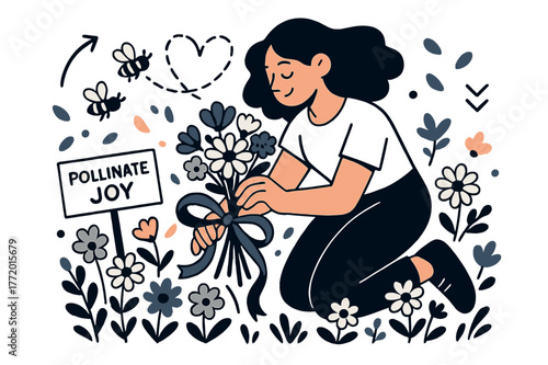 Bouquet Tying in Bloom. Wildflowers in bloom. A character kneels to tie a ribbon around a bouquet as petals drift like confetti; bees trace heart-shaped paths.