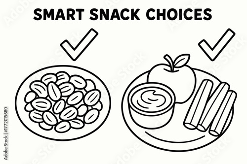 Healthy Snack Choices. Smart snack choices children?s coloring book illustration, outlined drawing, two small plates showing nuts, yogurt, fruit, and veggie