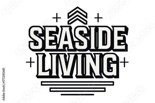 Bold Seaside Typography. Seaside Living ? bold block geometric lettering; thick uppercase with geometric serifs, heavy outer outline, strong cast shadow;