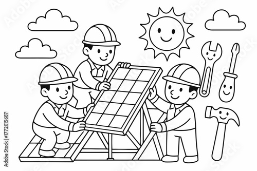 Solar Panel Installation Coloring. Installing solar panels safely children?s coloring book illustration, outlined drawing, two workers wearing helmets securing