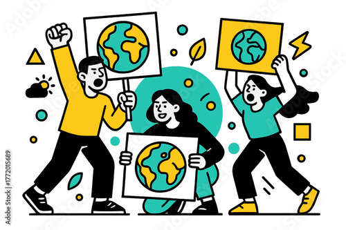 Earth Activists Rally. Environmental Protests. Activists holding Earth-themed banners with floating abstract geometric shapes and environmental