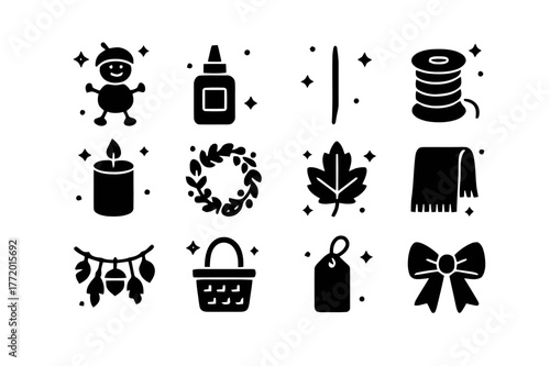 Chestnut Craft Icons. Chestnut Crafts and Decor. Solid icons set of Chestnut Crafts and Decor: chestnut figure, glue bottle, toothpick, string, candle jar,
