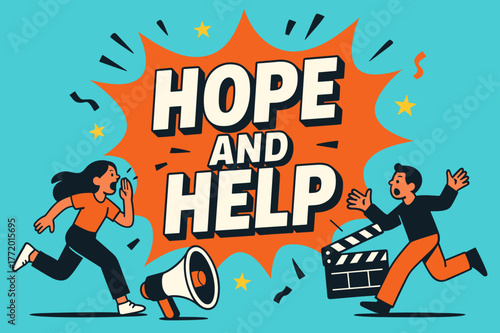 Hope and Help. Hope and Help banner, flat vector illustration, bold oversized text inside splash explosion banner, cartoon characters running and shouting