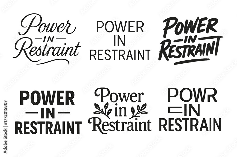 Fototapeta premium Lettering Art Styles. Power in Restraint. Set lettering. harmonious lettering variations of the same emblematic concept, each with different artistic