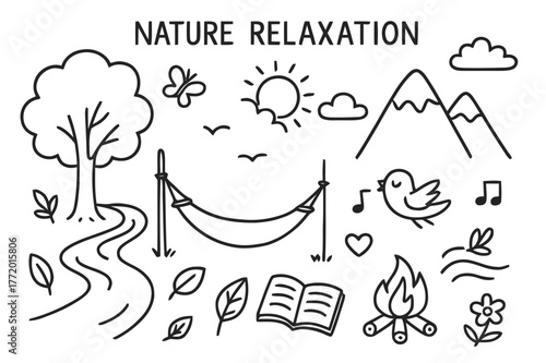 Nature Relaxation Icons. Nature relaxation. Hand-drawn doodle illustration nature relaxation tree, river, mountain, hammock, sun, clouds, leaves, bird,