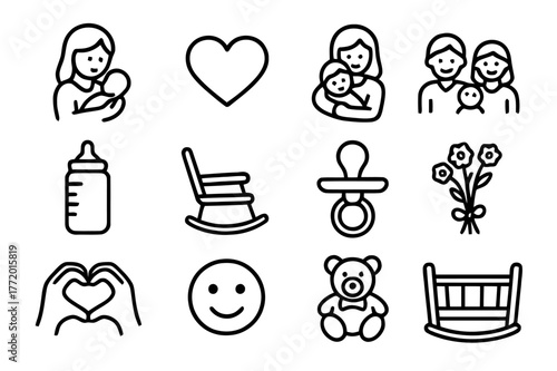 Mother's Care Icons. Mother?s care. Line icon set of mother?s care: mother holding baby, heart, hug, family, baby bottle, rocking chair, pacifier, flowers,