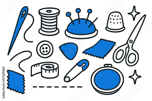 Sewing Tools Doodle. // Sharp needle. Hand-drawn doodle illustration Sharp needle [needle (accented), thread loop (accented), spool, pin cushion (accented),