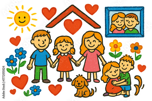 Family Love Doodle. Family love. Colorful Hand-drawn doodle Children illustration Family love parents, children, home, heart symbol, holding hands, smiling