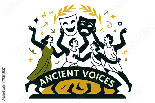 Masks & Myth. Amphitheater ? Masks & Myth. A chorus lifts comedy and tragedy masks; a laurel wreath icon arcs above. Caption ?Ancient Voices? glows along the