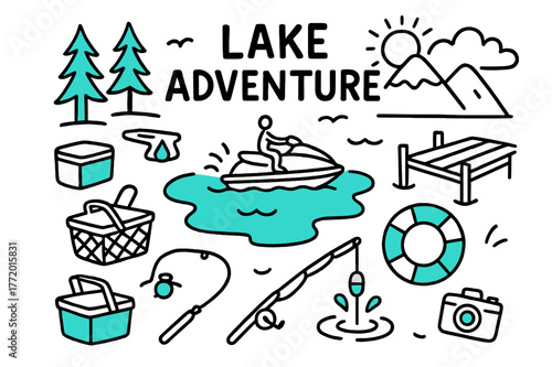 Lake Adventure Doodle. // Lake adventure. Hand-drawn doodle illustration Lake adventure [jet ski, lake outline (accented), pine trees, dock (accented), life