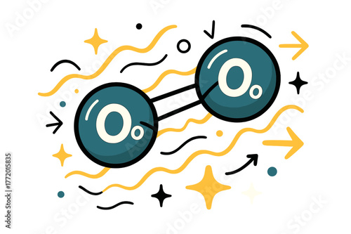 Dynamic Molecular Bonds. Oxygen. Oxygen atoms forming molecular bonds with abstract floating lines, arrows, and sparkles; emphasizes chemistry, science, and