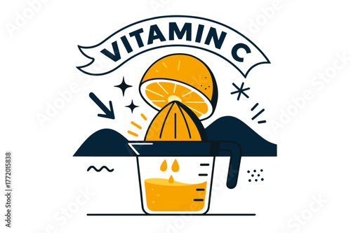 Morning Citrus Delight. Sunrise orange press. A half orange meets the juicer like a sunrise over hills; droplets sparkle into a measuring cup. ?Vitamin C?