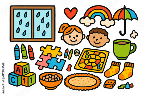 Rainy Day Doodle. Rainy day play. Colorful Hand-drawn doodle Children illustration Rainy day play window with raindrops, toy blocks, crayons, puzzles, board