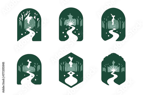 Symbolic Path Logos. symbolic path leading through the woods, filled with light. Set Logo of symbolic path leading through the woods, filled with light: