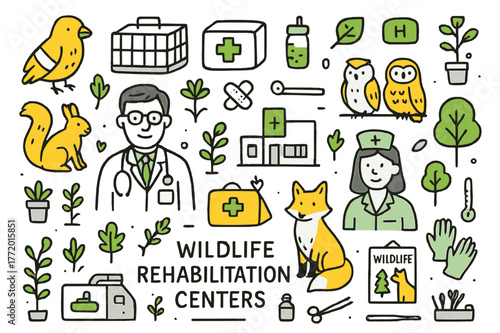 Wildlife Rehab Doodle. Wildlife rehabilitation centers. Hand-drawn doodle illustration veterinarian (colored), injured bird (colored), animal cage (colored),