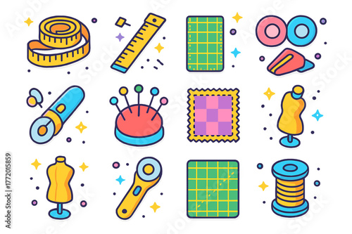 Sewing Tools in Icons. Sewing measurement. Colorful isometric vector icons set of Sewing measurement: tailor?s tape, seam gauge, quilting ruler, pattern