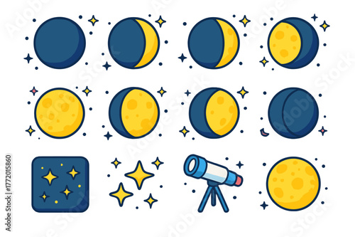 Lunar Phases Icons Set. Lunar observation. Colorful isometric vector icons set of lunar observation: new moon, waxing crescent, first quarter, waxing gibbous,