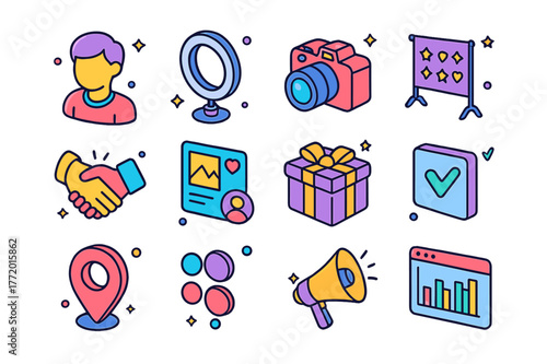Influencer Icons Set. Influencer meetup. Colorful isometric vector icons set of Influencer meetup: creator avatar, ring light, vlog camera, branded backdrop,