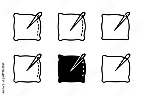 Sewing Pillowcase Logos. Sewing pillowcase. Set Logo of Sewing pillowcase: needle stitching along edge. harmonious logo variations of the same emblematic