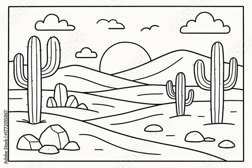 Desert Coloring Adventure. Desert landscape children?s coloring book illustration, outlined drawing, wide sandy desert with cacti, rocks, and a setting sun,