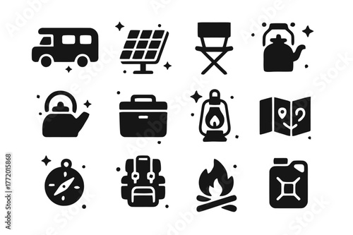 Vanlife Adventure Icons. Campsite and Vanlife Nomads. Solid icons set of Campsite and Vanlife Nomads: camper van, solar panel, foldable chair, portable stove,