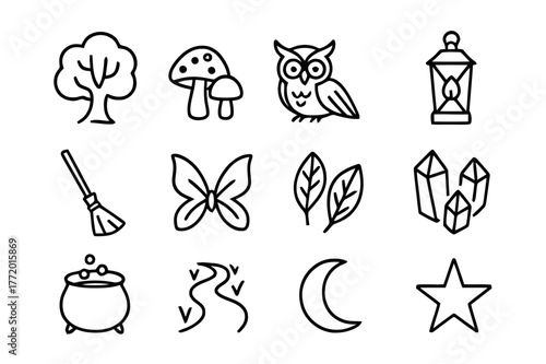 Enchanted Forest Icons. Enchanted forest. Line icon set of enchanted forest: tree, mushroom, owl, lantern, broomstick, fairy wings, leaves, crystals, cauldron,