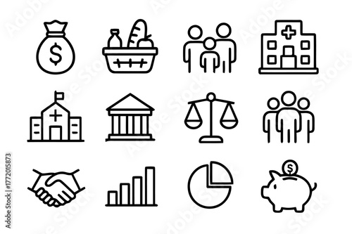 Welfare Icon Set. Welfare distribution. Line icon set of welfare distribution: money bag, food basket, family, hospital, school, government building, scale