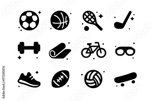 Sports Icons Collection. Sports and fitness. Solid icons set of Sports and fitness: soccer ball, basketball, tennis racket, golf club, dumbbell, yoga mat,