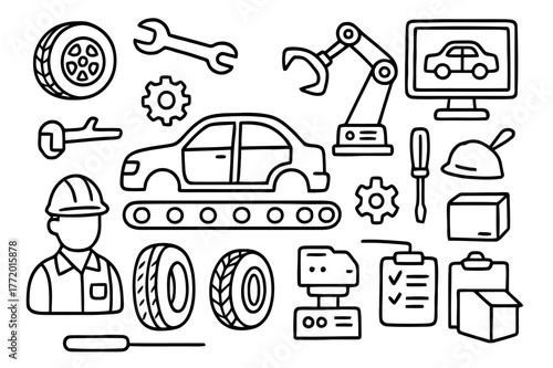 Automotive Assembly Icons. Automotive assembly. Hand-drawn doodle illustration car frame, wheels, worker, wrench, robotic arm, gear, screwdriver, safety