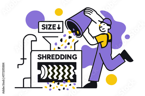 Factory Recycling Process. Recycling system in factory ? Shredding station. Blades rotate in clean geometric teeth; plastic flakes burst into tidy confetti.